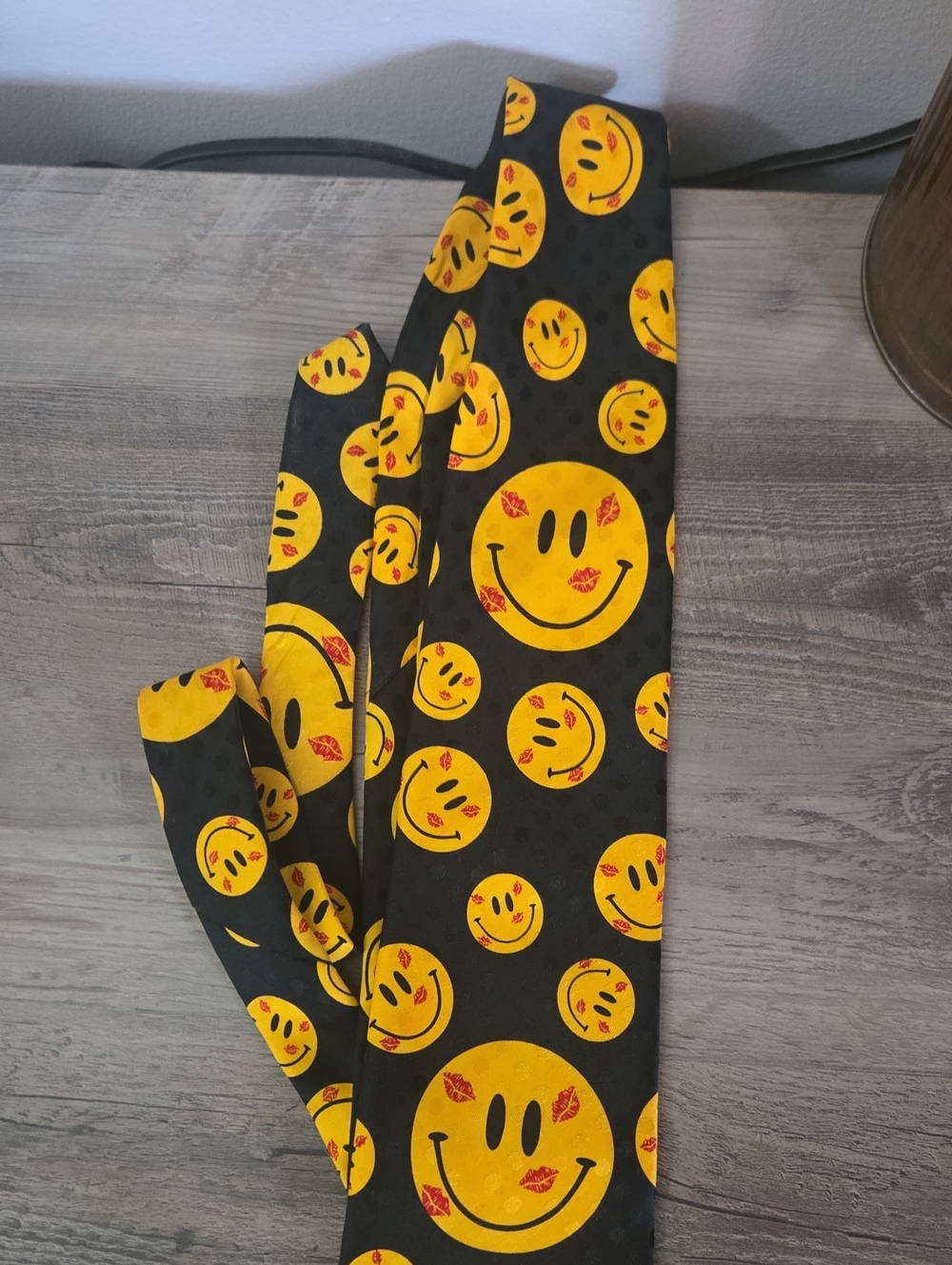 Black Tie with Yellow Smiley Face and Red Kiss Accents